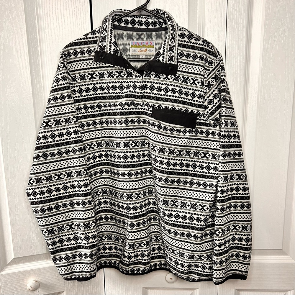 Jachs Cabin Womens XL Pullover Fleece Lined 1/4 Snap Sweater Black Fair Isle EUC
